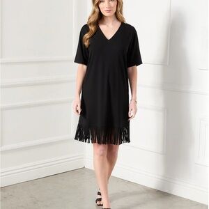 Karen Kane Women’s 1X V-Neck Short Sleeve Fringe Dress Black